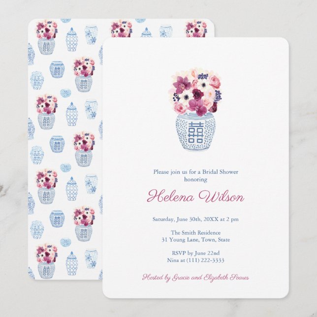 Convites Chá de panela Elegante de Rosas e Orquídeas Rosa E (Frente/Verso)