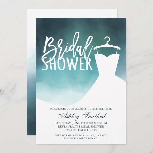 Convites Chá de panela elegante de vestido chic com aquarel (Frente/Verso)