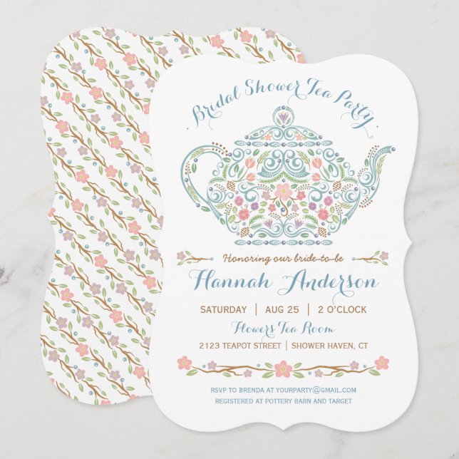 Convites Chá de panela elegante do bule (Frente/Verso)