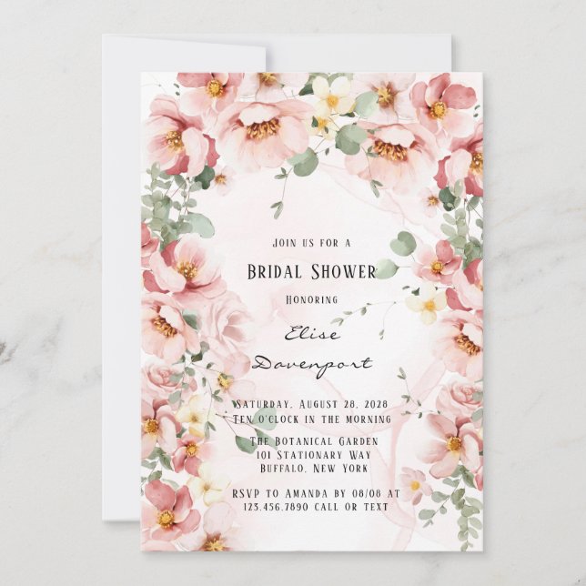Convites Chá de panela Elegante Eucalyptus Florals Rosa (Frente)