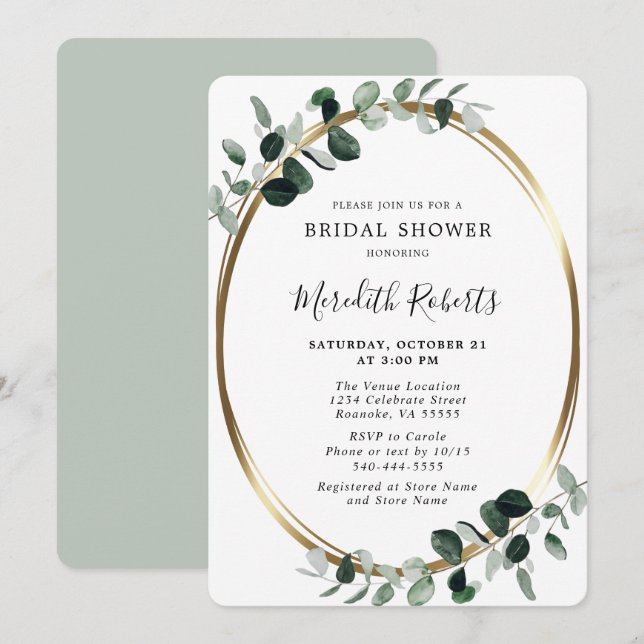 Convites Chá de panela Elegante Eucalyptus Gold Foil (Frente/Verso)