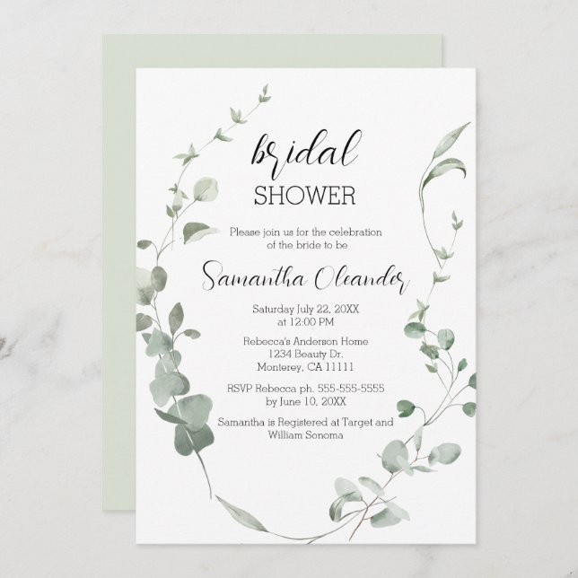 Convites Chá de panela Elegante Eucalyptus Greenery (Frente/Verso)