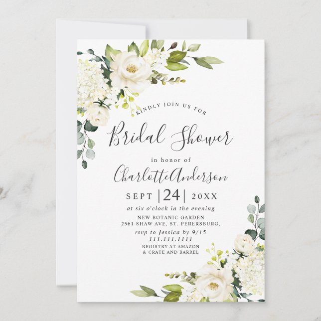 Convites Chá de panela Elegante Eucalyptus White Roses (Frente)