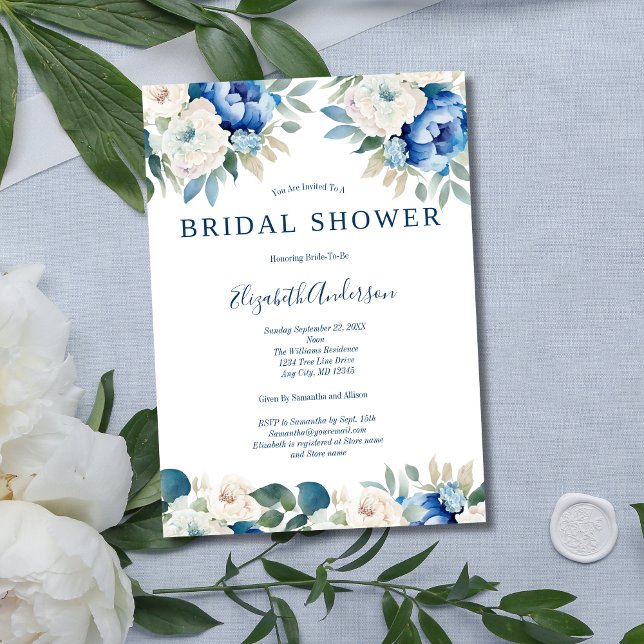 Convites Chá de panela Elegante Floral Branco Azul (Elegant Modern Blue White Floral Flowers Greenery Bridal Shower Invitation)