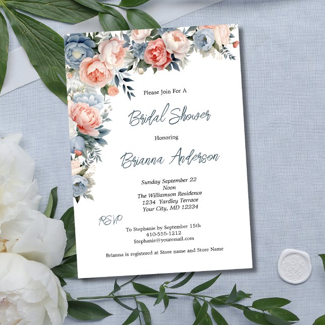 Convites Chá de panela Elegante Floral Branco, Cor-de-rosa, (Dusty Blue Pink White Floral Bridal Shower Invitation)