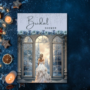 Convites Chá de panela Elegante Floral de Neve Azul-Inverno