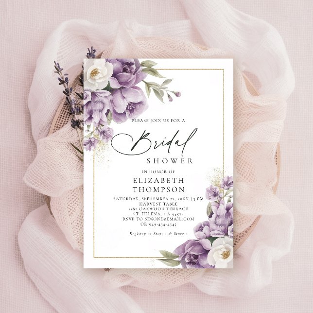 Convites Chá de panela Elegante Floral Dourado de Marfim Ro (purple ivory gold bridal shower invitation watercolor elegant floral mauve green barn ranch garden)