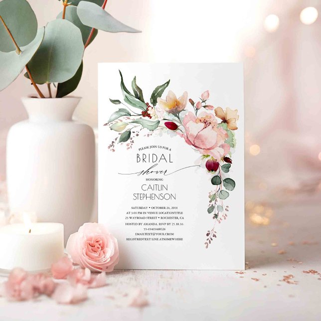 Convites Chá de panela Elegante Floral Dourado Rosa (Elegant Watercolor Flowers Bridal Shower Invitations)