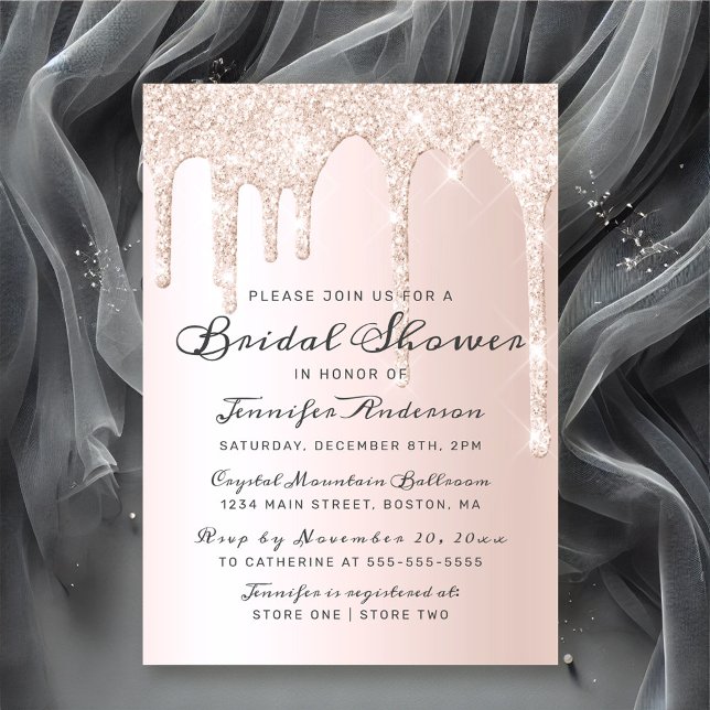 Convites Chá de panela Elegante Glitter de Coleta Rosa Chic (Chic Pink Dripping Glitter Elegant Bridal Shower Invitation)