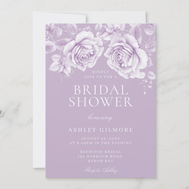 Convites Chá de panela Elegante Lavanda roxa da Rosa da vin (Frente)