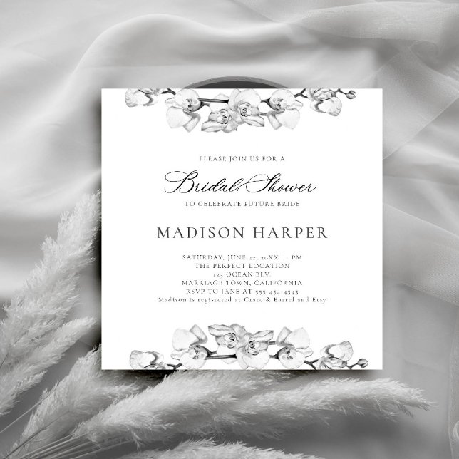 Convites Chá de panela elegante para as Orquídeas Negras e  (orchids bridal shower invitation black and white art floral sketch modern classic formal elegant)