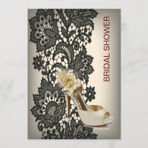 Convites chá de panela elegante preto Lace beige vintage