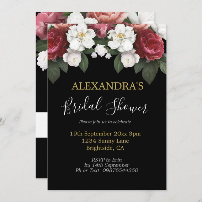 Convites Chá de panela Elegante Rosas de Borgonha Negra (Frente/Verso)