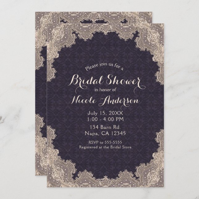 Convites Chá de panela Elegante Roxo-Roxo do Lace Romântico (Frente/Verso)