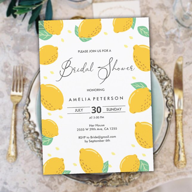 Convites Chá de panela Elegante Simples, Fresco e Divertido (Simple Fresh and Fun Elegant Lemon Bridal Shower Invitation)