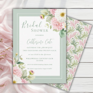 Convites Chá de panela Elegante Verde de Sage Floral Rosa