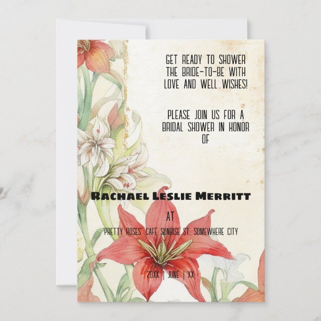 Convites Chá de panela Ephemera de Lillies Brancos e Vermel (Frente)