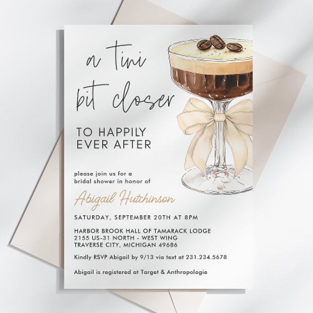 Convites Chá de panela Espresso Martini Arco Beige (Beige Bow Espresso Martini Bridal Shower Invitation)