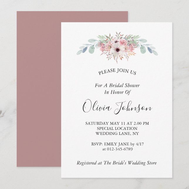 Convites Chá de panela Eucalipto Russo Rosa Dusty (Frente/Verso)