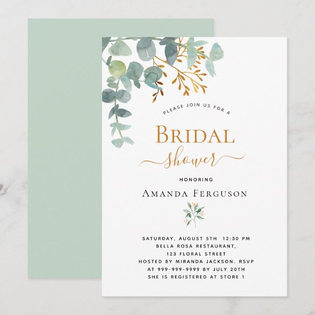 Convites Chá de panela eucalipto verde ouro moderno (Frente/Verso)