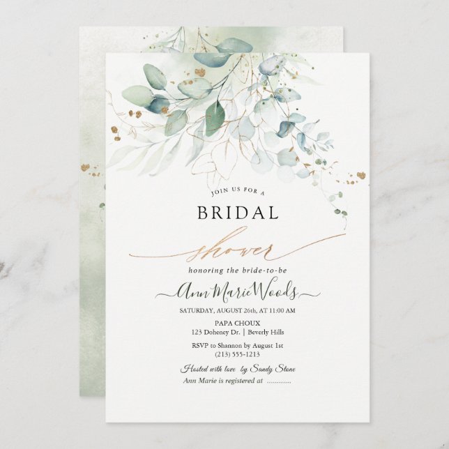 Convites Chá de panela Eucalyptus Dourado Faux (Frente/Verso)