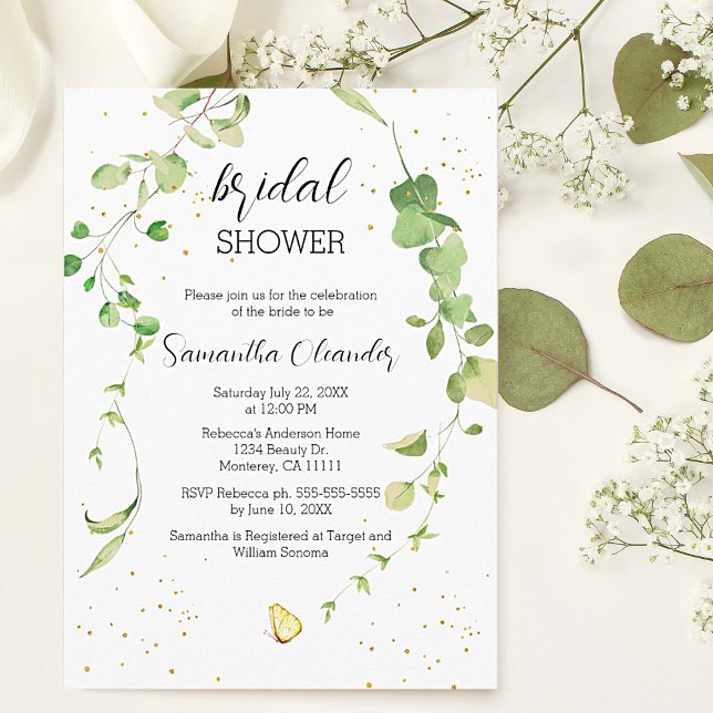Convites Chá de panela Eucalyptus Greenery Boho (Eucalyptus Greenery Boho Bridal Shower Invitations with gold sparkle details.)
