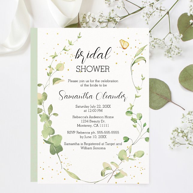 Convites Chá de panela Eucalyptus Greenery Boho (Elegant Eucalyptus Greenery with Gold Sparkles and Butterfly Bridal Shower Invitations.)