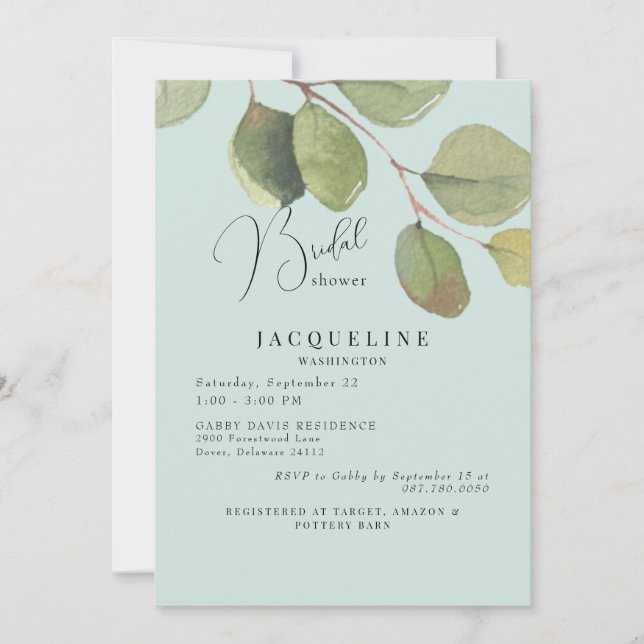 Convites Chá de panela Eucalyptus, Sage Luz Elegante (Frente)