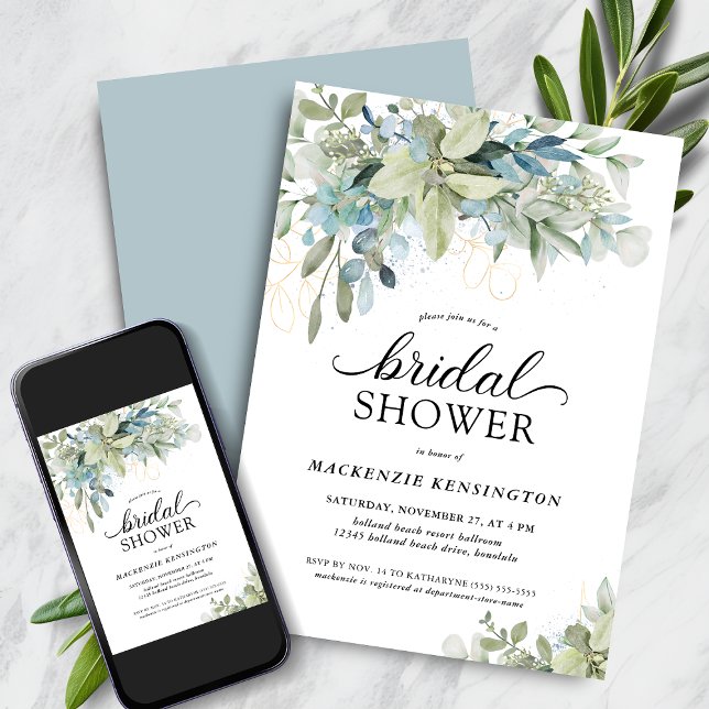 Convites Chá de panela Eucalyptus Vermelhos Pale Dusty (Pale Dusty Blue Eucalyptus Greenery Bridal Shower Invitation with Digital Download)