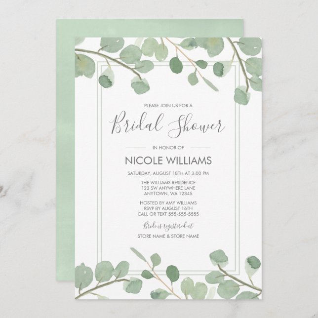 Convites Chá de panela Eucalyptus Watercolor (Frente/Verso)