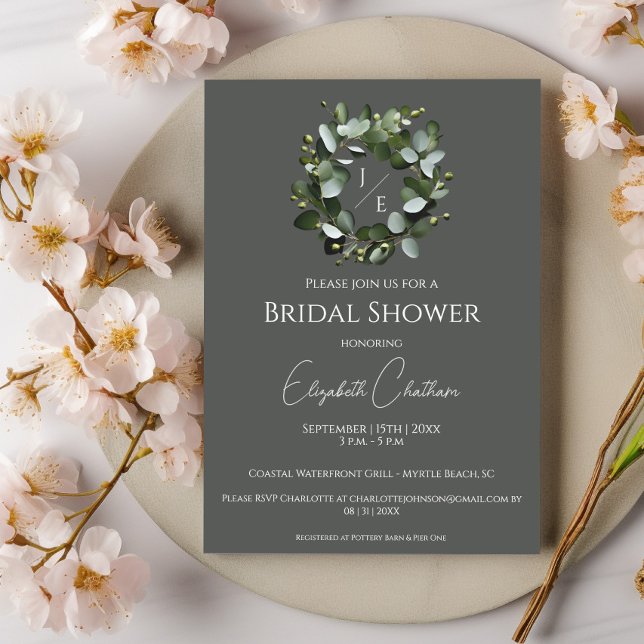 Convites Chá de panela Eucalyptus Wreath Moderno Monograma (Gray Modern Monogram Eucalyptus Wreath Bridal Shower Invitation)