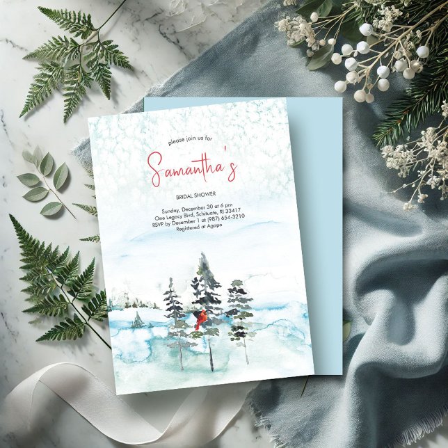 Convites Chá de panela Evergreen do Natal de inverno (Winter bridal shower invitations watercolor pine trees red cardinal snow)