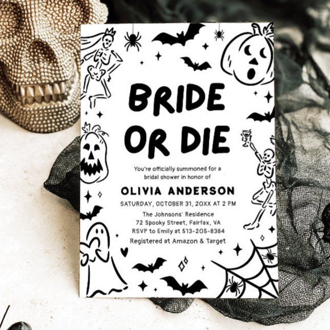 Convites Chá de panela Fantasma de Halloween Desenhado à Mã (Hand Drawn Halloween Skeleton Ghost Bridal Shower Invitation)