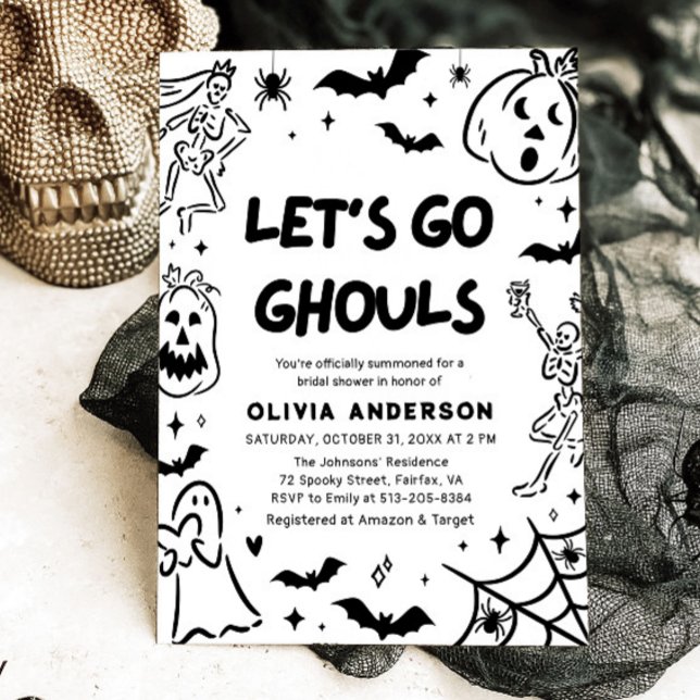 Convites Chá de panela Fantasma de Halloween Desenhado à Mã (Hand Drawn Halloween Skeleton Ghost Bridal Shower Invitation)