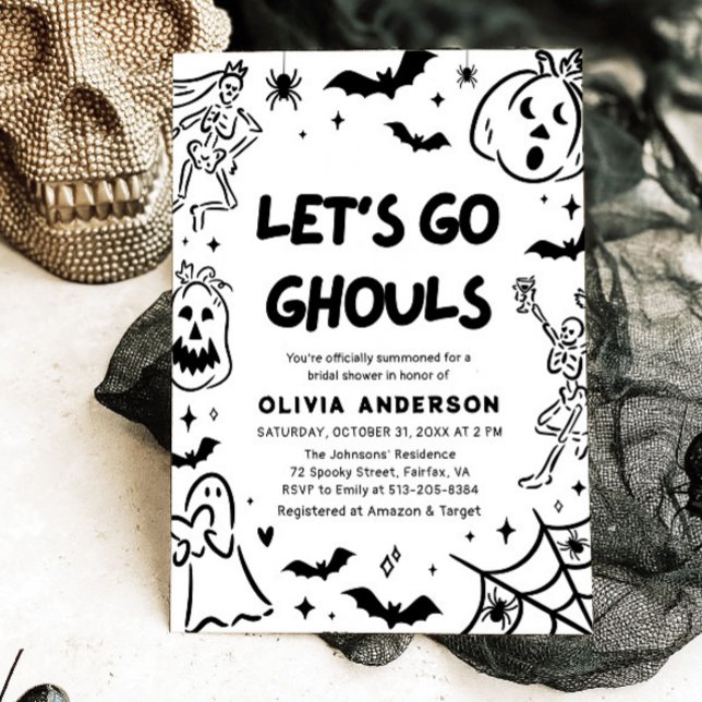 Convites Chá de panela Fantasma de Halloween Desenhado à Mã (Hand Drawn Halloween Skeleton Ghost Bridal Shower Invitation)