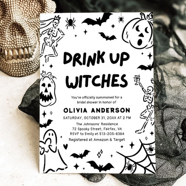 Convites Chá de panela Fantasma de Halloween Desenhado à Mã (Hand Drawn Halloween Skeleton Ghost Bridal Shower Invitation)