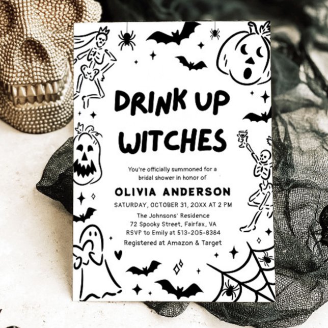 Convites Chá de panela Fantasma de Halloween Desenhado à Mã (Hand Drawn Halloween Skeleton Ghost Bridal Shower Invitation)