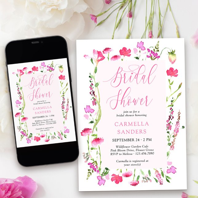 Convites Chá de panela feminino elegante cor-de-rosa (Bridal Shower Invitation from my Pink Wildflower Collection. )