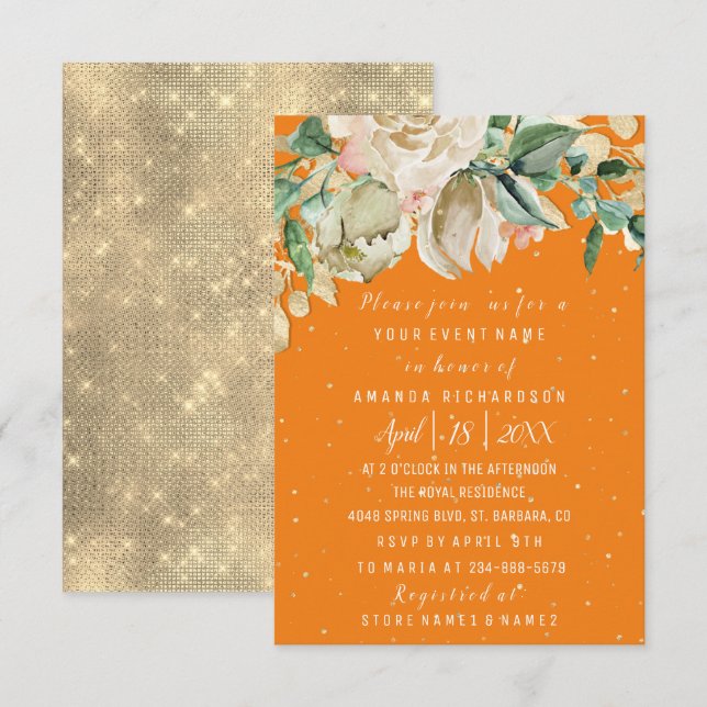 Convites Chá de panela Flor Brunch Mint Orange Confetti (Frente/Verso)