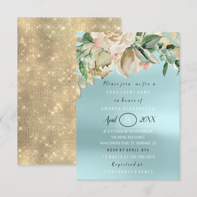 Convites Chá de panela Flor Brunch Spark Dourado Aqua (Frente/Verso)