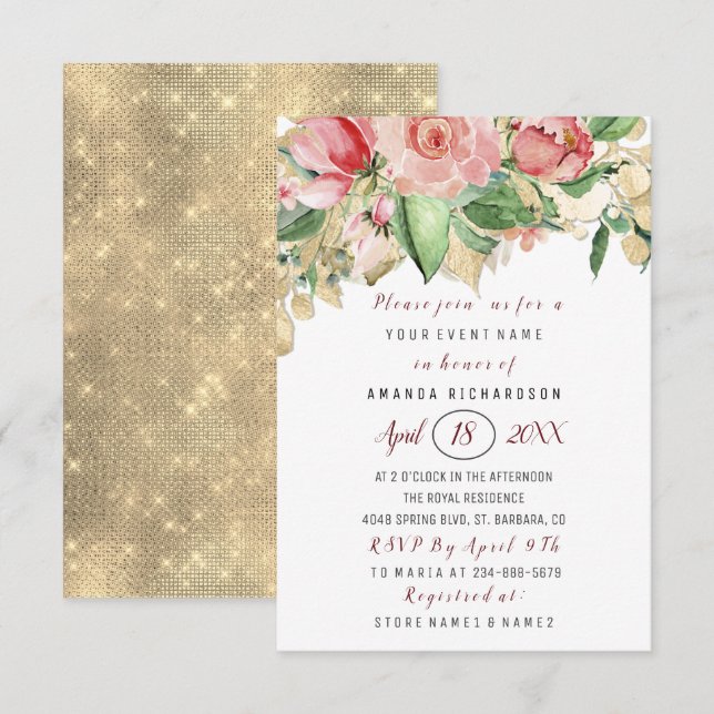 Convites Chá de panela Flor Brunt Verde Rosas Dourados Bran (Frente/Verso)