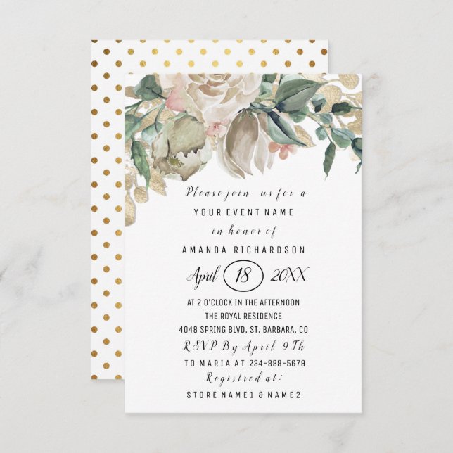 Convites Chá de panela Flor Verde Dourado Pontos Brilhantes (Frente/Verso)