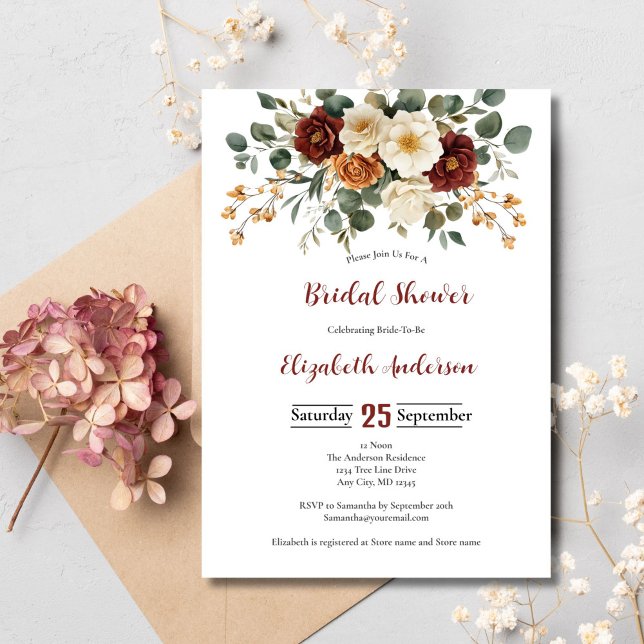 Convites Chá de panela Florais de Creme de Rua Borgonha (Burgundy Rust and Cream Floral Bridal shower invitation)