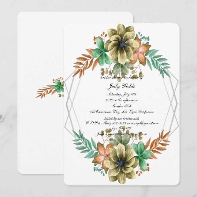 Convites Chá de panela Floral Amarelo E Laranja De Aquarela (Frente/Verso)