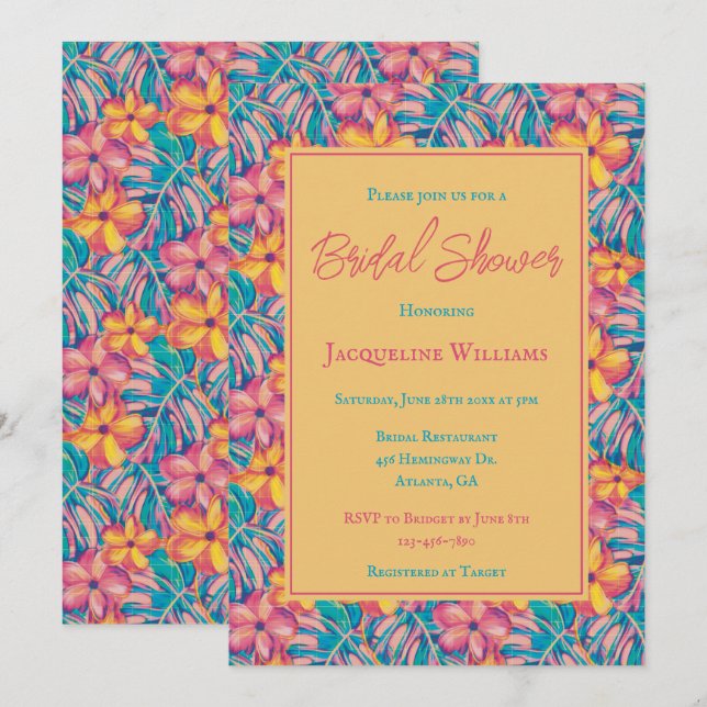 Convites Chá de panela Floral Amarelo-rosa tropical (Frente/Verso)