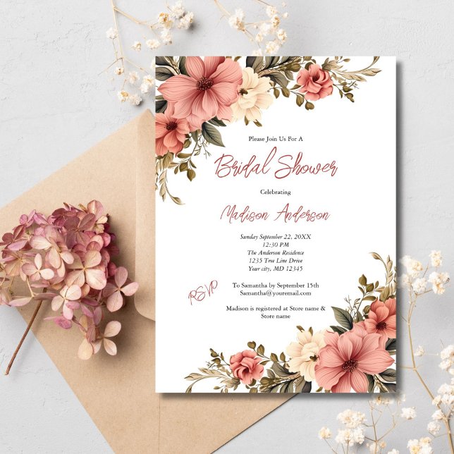 Convites Chá de panela Floral Antiquado com Creme Rosa (Pink Cream Watercolor Floral Bridal Shower invitation. Vintage Antique Elegant)