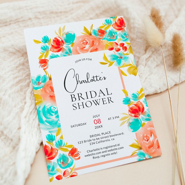 Convites Chá de panela floral azul-alaranjado boêmico (Bohemian bright orange blue floral bridal shower invitation)