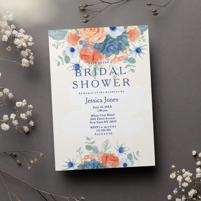 Convites Chá de panela floral azul-aquarela (Zazzle Watercolor coral blue rustic floral Bridal Shower Invitation )