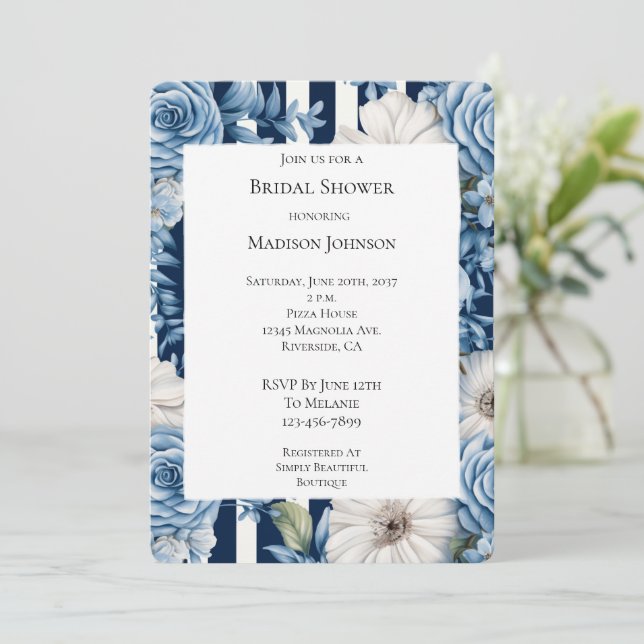 Convites Chá de panela Floral Azul Branco (Em pé/Frente)