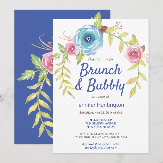 Convites Chá de panela Floral Azul Brunch (Frente/Verso)